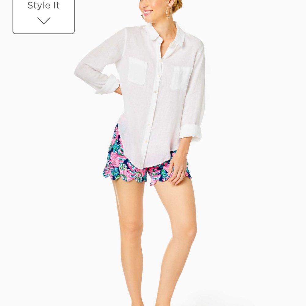 LILLY PULITZER Sea View Linen Button Down Top - White